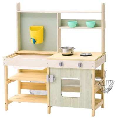 VEVOR Cuisine de Boue pour Enfants, 890 mm, Ensemble Cuisine en Bois, Jeu d'épicerie extérieur pour Tout-Petits, avec cuisinières, réservoir, Robinet, Sac de Rangement, paniers en métal et casseroles
