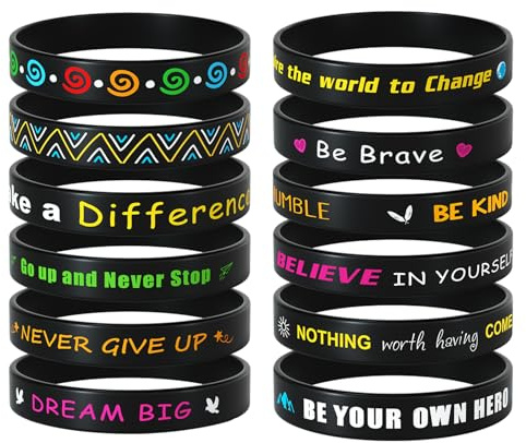 CHRORINE 48 Stück Motivationsarmbänder Silikon Armbänder mit Positiven Sprüchen Motivierende Gummiarmbänder für Lehrer Freunde Studenten, 12 Designs