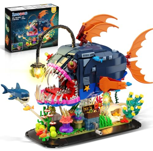 INSOON Laternenfisch Bauspielzeug mit Licht für Jungen ab 12+ | Bewegliche Anglerfisch Klemmbausteine mit Hai und Quallen, Weihnachten Geschenk Bausteine Set für Home Deko(1139 Stück)
