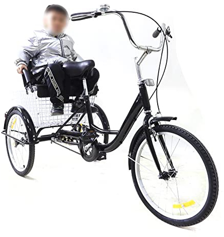 RAGOPILEN Fahrrad Rücksitz, 20 Zoll Dreirad for Erwachsene mit Einkaufskorb und Kindersitz und Höhenverstellung Schwarz