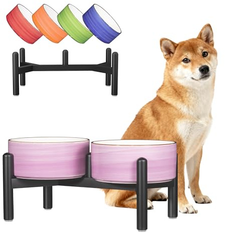 Keramik Hundenapf Erhöht mit Edelstahl-Ständer - Schoene Doppelnapf Futterstation für Kleine und Mittelgroße Hunde - rutschfest Hund Napf Set für Futter und Wasser - 350g / 660ml - 15cm - Lila