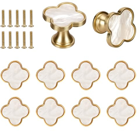 IUMLXJO 10 PCS Four Leaf Clover Cabinet Knobs with Screws, Gold Drawer Knobs Pulls Handles Modern Single Hole Door Cupboard Handles Zinc Alloy for Kitchen Wardrobe Dresser Furniture (Gold+White)