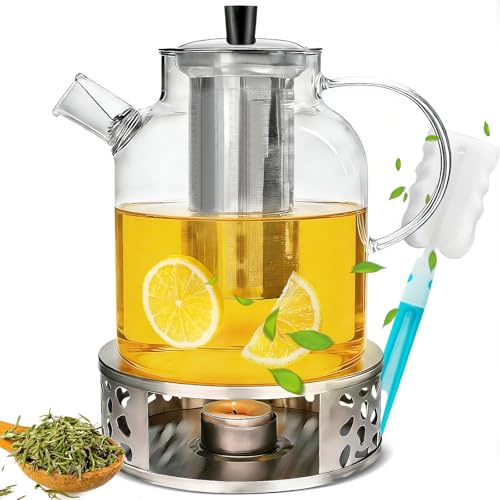 1800ml Theiere Avec Infuseur En Verre Avec Réchaud, Chauffe-Théière Pour Thé En Vrac Et Sachets De Thé, Théière en Verre Avec Passoire à Thé En Acier Inoxydable Et Dessous De plat