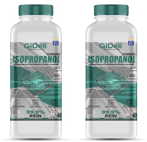 GiDeli Isopropanol Teknisk 2 x 1 l – isopropylalkohol 99,9 % – rengöring av elektroniska komponenter och 3D-skrivartillbehör