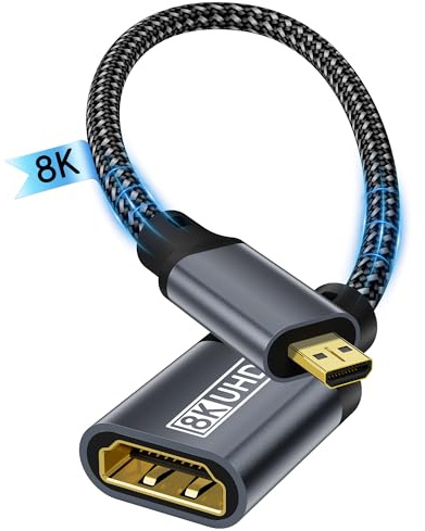 8K Micro HDMI@HDMI,20 cm 8K@60Hz 4K@120/240Hz Micro HDMI 2.1 adapter eARC Dolby Atmos HDR Ultra High Speed HDCP kompatibel med Raspberry Pi 5/4 Hero 7 DSLR-kamera bärbar datorskärm PS5, G8 G9, HDTV