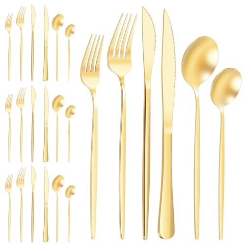 Bestickset för 4 personer, 24 stycken bestickset i rostfritt stål, spegelpolerat ätbestick, cutlery set med sked, gaffel och biffkniv, campingbestick, för hem, fester eller restauranger (guld)