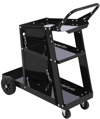 Welding Cart, 3-Tier Welder Trolley Heavy Duty with 100kg Weight Capacity, Welder Cart with Handle Push & Tank Storage Safety Chains, Tilt-Table for MIG TIG Plasma Cutter Welding Machine