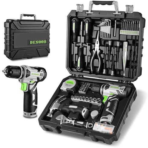 Tool Kit, DESOON 151-Piece Tool Set with 12V Cordless Drill, Tool Storage Case, DIY Hand Repair Tools Sets for Home, Basic Tool Kit, Suitable for Office and Garden Use, 151 Pieces