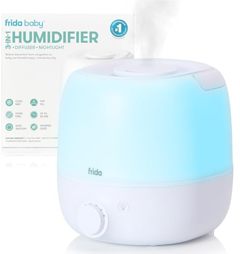Frida Baby 3-in-1 Cool Mist Humidifier for Large Rooms, Top Fill Humidifier for Bedroom, Allergy Relief, 60 Hour Runtime + Nightlight, Auto Shut-Off, Quiet, Carry Handle, Essential Oil Diffuser