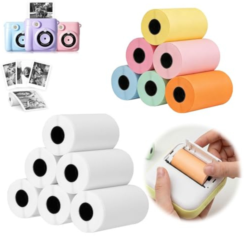12 Sofortbildkamera-Nachfüllpapier, 6 x 2.5 cm Thermopapier für Kinder Sofortbildkamera, Thermopapier Kinderkamera(6 Farbiges/6 Weißes) Kompatibel mit den Meisten Sofortdruckkameras BPA-frei
