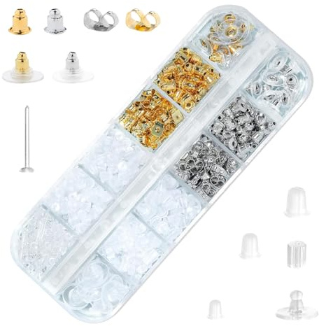 600 Stück Ohrstecker Verschluss 12 Styles, Silikon Transparent & Metall | Universal Ohrringe Stecker Gemischt, Drehbar für Befestigung Earrings Ohrhänger, Ohrring Rücken, mit Aufbewahrungsbox