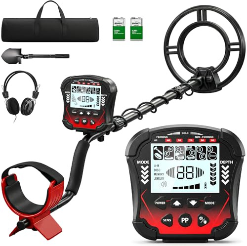 Detecteur de Metaux Professionnel,5 modes de détection disque de recherche étanche IP68 de 10 pouces, tige réglable de 42,1 à 52 avec écran LCD rétroéclairé convient aux adultes et aux enfants-Rouge