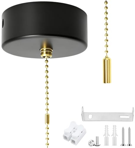 Bathroom Pull Cord Light Switch, Ceiling Pull Switch 3A with 150cm Black Chain and Connector, Moisture Resistant Manual 1 Way Control for Bathroom Kitchen Bedroom Corridor Ceiling, Black