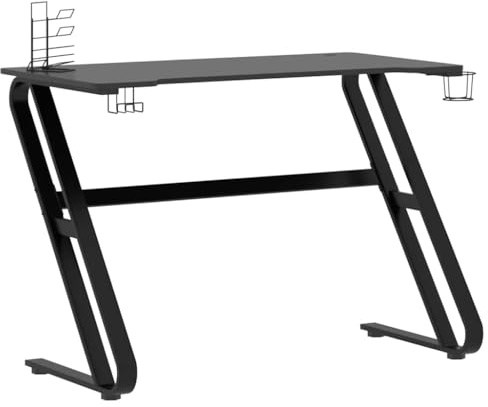 Yisssmeng Scrivania da gaming nera, 110 x 60 x 75 cm, con struttura in metallo ZZ, ergonomica, piccola scrivania per computer, con ripiano per cuffie, portabicchieri, per casa, ufficio, soggiorno