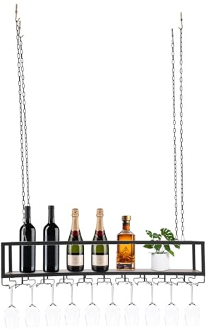 BREXOLP Portabottiglie sospeso con portabicchieri, mensola da soffitto in metallo, montaggio a soffitto, in stile industriale, portata 75 kg, nero, regolabile in altezza, adatto per bar, cucine e