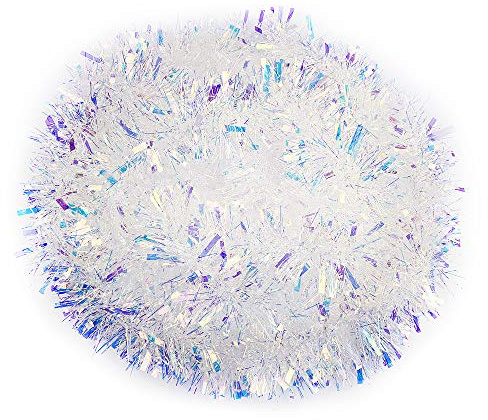 VEYLIN 6 Maters Metallic White Tinsel Xmas Decoration Tinsel for Christmas Tree Home Office Supplies (Rainbow White)