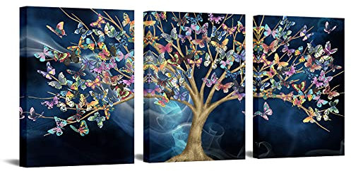 OuElegent Tela artistica da parete con albero della vita, farfalla colorata su albero, quadro astratto blu navy, opera d'arte moderna giclée per camera da letto soggiorno incorniciata pronta da