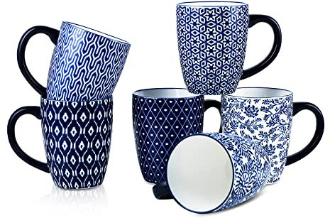 Selamica 16 oz Porcelain Coffee Mugs Set, Ceramic Tea Cup with Handle, dishwasher, oven, microwave safe, Pack of 6, Vintage Blue