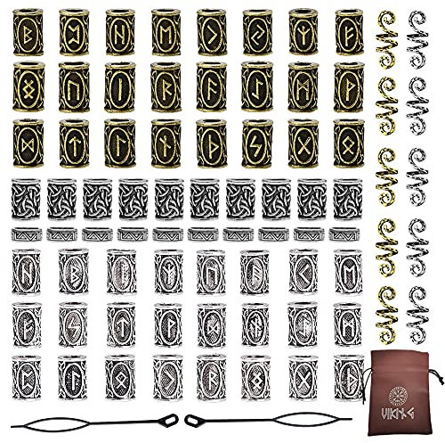 WDBAYXH 78Pcs Viking Runen Perlen Bartperlen Nordische Piraten Haarperlen Keltischer Knoten Paracord Perlen Charms Lanyard Braid Ringe Haarschlauch Perlen DIY Armband Anhänger Halskette Schmucksets