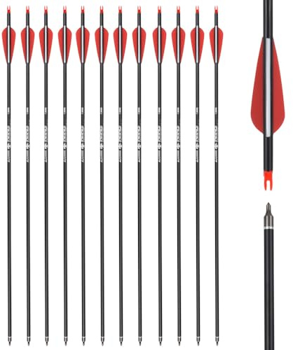 ELONG OUTDOOR Flèche Arc Chasse 28 Pouces Flèche Carbone, Tir à l’Arc pour Entraînement et pour l’Arc Long, l’Arc Traditionnel et l’Arc Recourbé Arc à Poulies, 12 pcs