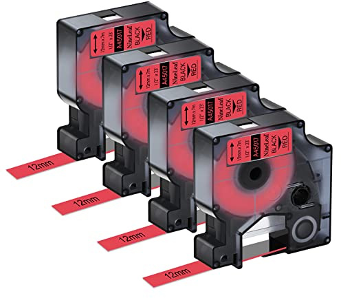 NineLeaf 4 x Kompatibel für Dymo D1 45017 S0720570 A45017 Schriftband 12mm 0.47'' Schwarz auf Rot Etikettenband für LabelPoint 100 150 200 250 300 350 Wireless PnP ColorPop Beschriftungsgerät