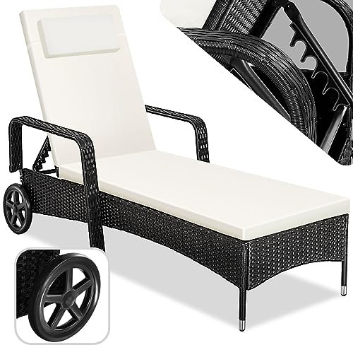 TecTake® Lettino Poly Rattan Arredo Esterno Giardino, Sdraio Prendisole, Sdraio da Giardino, Terrazzo, Balcone, Sdraio piscina, Ruote Gommate, Arredo Interno Divano Sedia - Nero/Beige