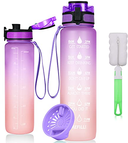 flintronic Trinkflasche, 1L Tritan Wasserflasche SoftTouch, BPA-Frei Auslaufsicher Sportflasche, Flip Top Sportflasche Mit Filter/Skala/Reinigungsbürste für Schule,Gym,Fitness,Outdoor-Blaues Pulver