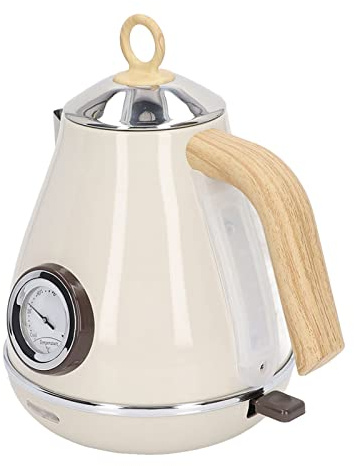 Bouilloire électrique, Petite Bouilloire électrique Protection contre l'ébullition à Sec Grain de Bois Rétro Capacité de 1,7 Litre Base Rotative à 360 Degrés avec Affichage de la Température (Blanc)