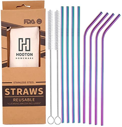 Hooton Homeware Rainbow Purple Blue Premium Quality Reusable 21.5cm 6mm Stainless Steel Metal Drinking Straws - 8 Set with 2 Cleaning Brushes and case - 100% EcoFriendly for Adults and Kids