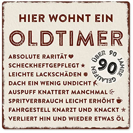 Interluxe Metallschild 20x20cm -Hier wohnt ein Oldtimer 90 - wetterfestes Schild zum 90. Geburtstag Geschenkidee für Papa, Opa, Freund, Kollege oder Nachbar