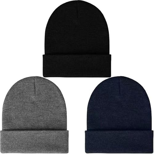 LCZTN FASHION 3-pack vinterskidmössa för män och kvinnor, varm fiskare manschettstickad mössa unisex, Svart och grå och marinblå, one size