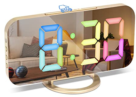 Alarm Clock with Dimmable LED Display, Digital Clock, Digital Alarm Clock with Colour Fonts, Alarm, Snooze, 3 Dimmer Modes, Alarm Clocks Bedside Mains Powered, Bedside Clock for Bedroom Decore-Gold
