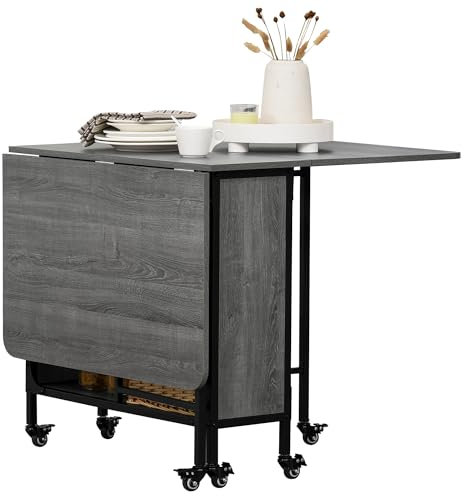 HOMCOM Mobile Drop Leaf Table, Folding Dining Table with 6 Wheels & Storage Shelf for Small Spaces, Kitchen, Dining Room, Grey