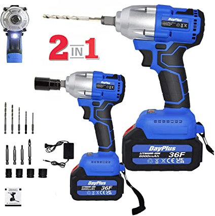 2 in 1 Impact Wrench + Cordless Drill 6000mah Battery, Built-in LED Work Light, 4 sockets + 9 Drill Bits (2 Batteries)