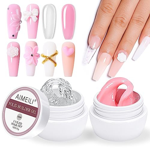 AIMEILI 5 in 1 Trasparente Solid Nail Builder Gel Solid Nail Extension Builder Gel Unghie Gel Ricostruzione Unghie Chiaro e Rosa Kit 3, 2x15g