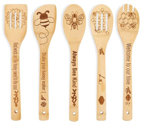 Bee Wooden Spoons Gifts for Cooking - Cool Engraved Kitchen Utensils Accessories Set, Bamboo Cooking Stuff for Home Decor - Perfect Kitchen Gifts for Mother's Day Wedding Baking