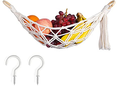 WUDQIJI Frucht Gemüse Hängematte Lang 56cm Obst Hängematte Obstkorb hängend | Obst Hängekorb Küche Hängend Spielzeug Organizer mit 2 Stück Schraubhaken für Küche Wohn Badezimmer Schlafzimmer