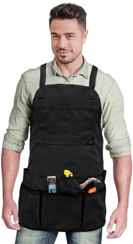 Under NY Sky Tool Apron - 20 Pockets and Slots, Cross-Back, Heavy-Duty Waxed Canvas - Woodwork, Garden, Shop (Black Cross-Back)
