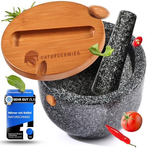 NATURSCHMIED Mörser mit Stößel - Mörser mit Stößel & Deckel | 750 ml - Anthrazit Premium Granit Mörser - Gewürze und Kräuter mörsern - ohne Abrieb