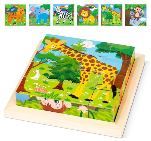 DOWNDRIFT Würfelpuzzle Holz, Würfelpuzzle, 3D Bilderwürfel Puzzlespiele 6 in 1 Tier-Motive Holzpuzzle Spielzeug für Kinder ab 1 2 3 4 Jahren, Lernspielzeug Holzspielzeug für Jungen und Mädchen