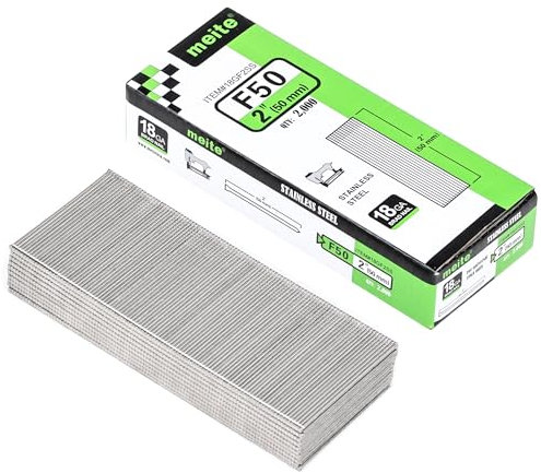 meite 18 Gauge Stainless Steel Brad Nails, Type 18G / 50 mm 18GA Brad Nails, 304 Stainless Steel Small Finishing Nail Gun Nails for Pneumatic, Electric Brad Nailer Gun (2,000 Counts)