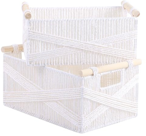 OUTBROS Körbchen Geflochten, Aufbewahrungskorb mit Griff, Dekorative Arbeitsplatte Toilettentank Regal Schrank Organizer für Schlafzimmer Wohnzimmer, Weiß，2er Set,Große Größe