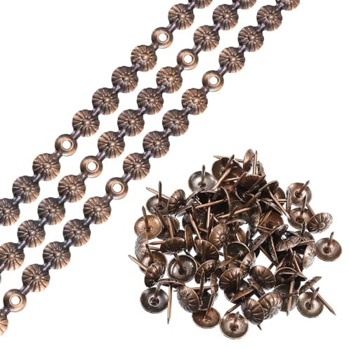 sourcing map 3Pcs Upholstery Tacks Strips, 1Meter Flower Decorative Nail Trims for Sofa Headboard Chair Furniture with Upholstery Nails (11mm Copper)