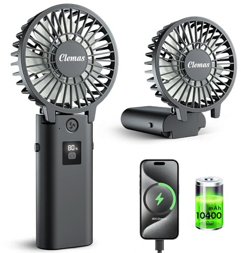 Tragbarer Handventilator mit abnehmbarem Design - 10400mAh Batterie, faltbar & wiederaufladbar - Kompakter Mini-Ventilator mit integrierter Ladegerät - Kühlungslösung für Reisen, Draußen und Drinnen