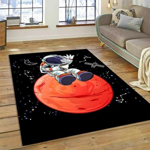 Kinderteppich Astronauten-Universum-Weltraum-Cartoon - Kurzflor Teppich Kinderzimmer Spielteppich Antiallergen Und Extra Weich - Babyzimmer Teppiche Für Junge Und Mädchen Babyteppich 80 X 120 C -0Z8X8