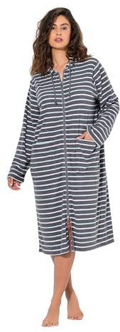 Ulla Popken Damen Bademantel, Streifen, 2-wege-zipper, Langarm, Frottee, Betongrau, 66-68 EU