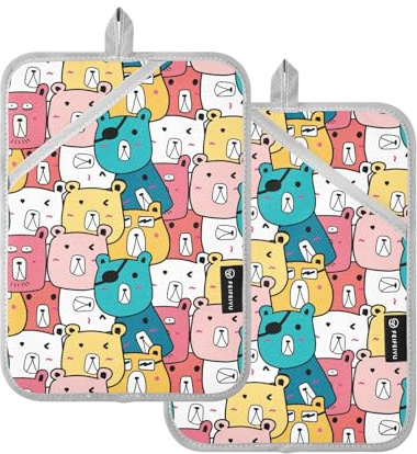 KLL Pot Holder, 2 Pack Heat Resistant Potholders with Pockets Hot Pan Holders Oven Mitts, 9.8x7 Cute Bear