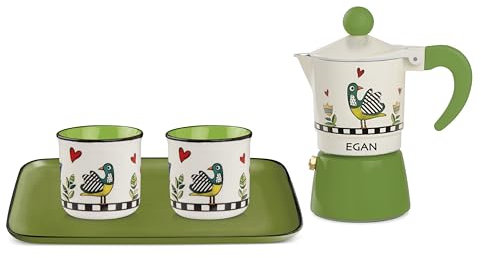 Egan Set Caffettiera Moka, 2 Mini Tazze, e Vassoio Cocoricò Verde – Alluminio Premium e New Bone China