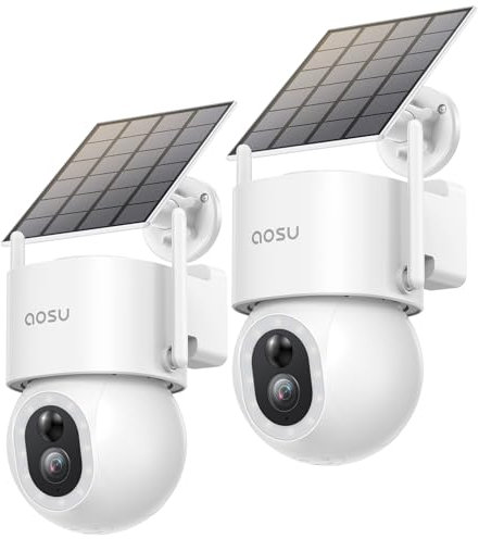 AOSU 3K 5MP Überwachungskamera Aussen Solar Akku, 360° PTZ, 2-in-1 Überwachung und Beleuchtung, AI-Erkennung Person Auto, Haustier, Zaun, Licht- & Tonalarm, 2-Wege-Audio, Farb-Nachtsicht, 2 STK