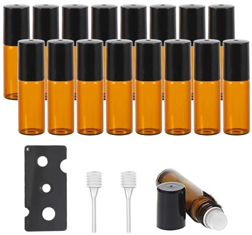 YOYEAH 16 Pack Roll on Botella Vacía 5ml para Aceites Esenciales, Botellas de Vidrio con Rodillo de Acero Inoxidable, Vidrio Marrón para Protección contra la Luz
